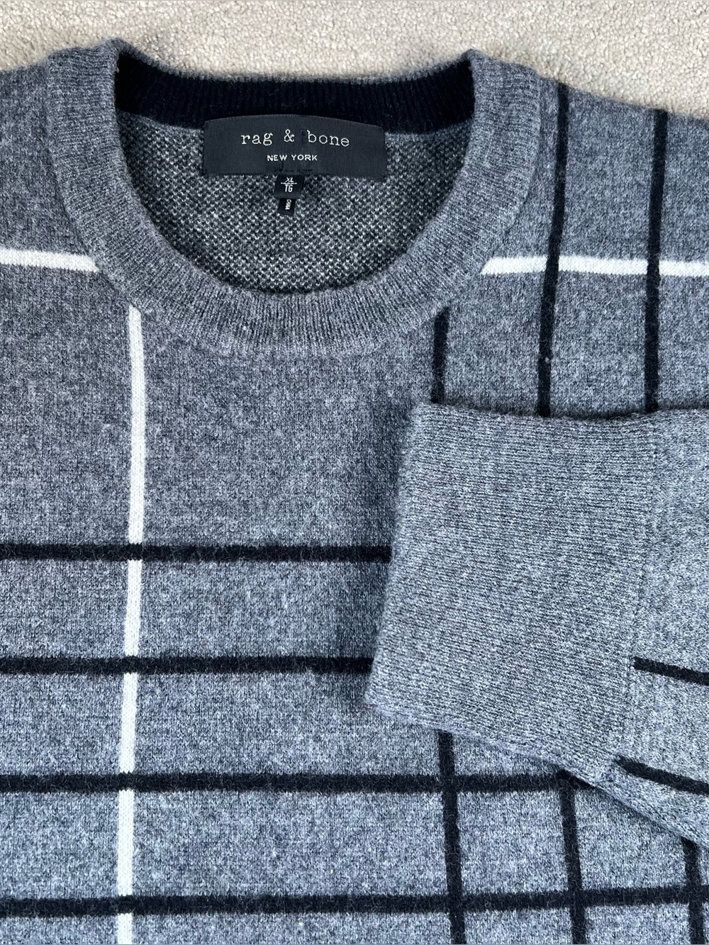 Rag & Bone Sweater Merino Wool Thick Gray Black Geometric Crew Neck Women's XL